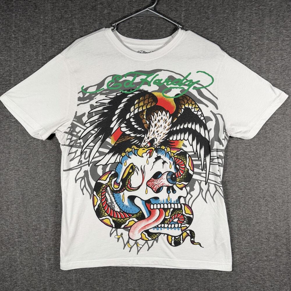 Ed Hardy Shirt Mens Medium White Skull Snake Eagle Tattoo Graphic Tee Streetwear